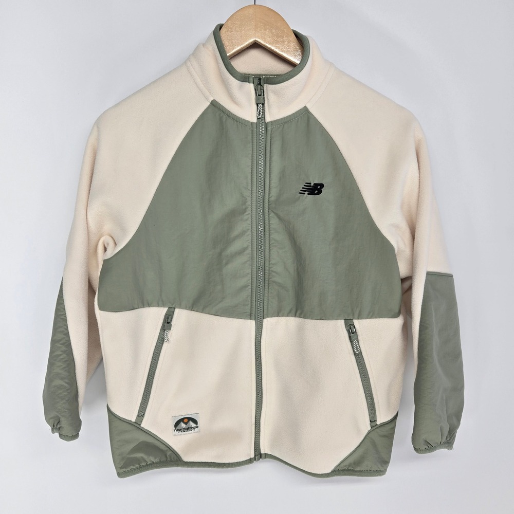 New Balance Fleece Jacket Sz 10 140 Cream Green Colorblock Camping Full Zip Coat